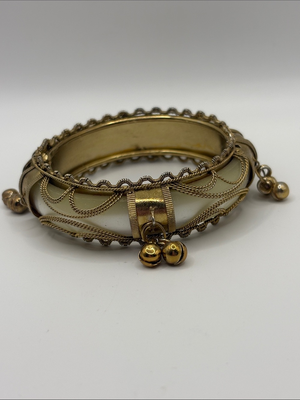 Vintage Gold-Tone Bracelet White Enamel Pearl and Dangle Bells